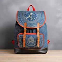 blue backpack with pattern