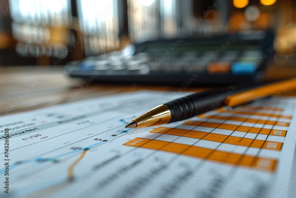 Poster a meticulous financial planning scene with a pen focused on an array of colorful charts and graphs