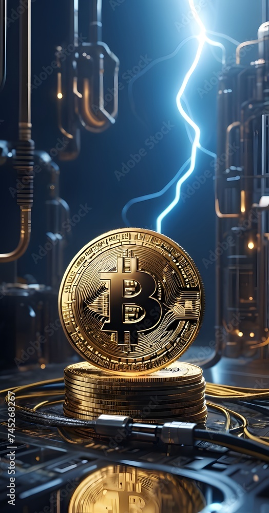 Poster a bitcoin coin is superimposed on a technology background, symbolizing the advanced infrastructure t