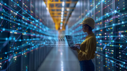 Futuristic Concept of Data Center Chief Technologies Officer Holding Laptop, Standing In Warehouse, Information Digitalization Lines Streaming Through Servers, SAAS, Cloud Computing, Web Site Service.