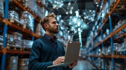 Futuristic Concept of Data Center Chief Technologies Officer Holding Laptop, Standing In Warehouse, Information Digitalization Lines Streaming Through Servers, SAAS, Cloud Computing, Web Site Service.