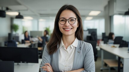 Office Professional Exuding Confidence Smiles Happily in Glasses 