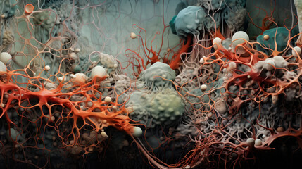 A macroscopic scene of blue-green cell structures and red fibers hints at intricate bio-networks, displayed in a banner format for a deep dive into scientific art. - obrazy, fototapety, plakaty