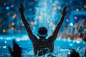 finish line moment at a swimming competition, capturing the triumphant reach of the winner, crowd cheering in the background.