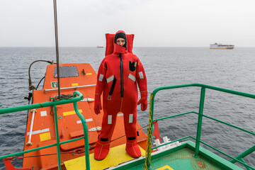 Seaman wearing Immersion Suit on Muster station. Abandon ship drill. Free fall boat. Cargo vessel.