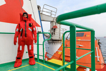 Seaman wearing Immersion Suit on Muster station. Abandon ship drill. Free fall boat. Cargo vessel.