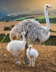 Tender shot of a mother ostrich with her little baby ostrich