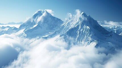 Majestic snowy mountain peak above the clouds