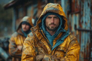 Obraz premium A rugged man with a stern expression in a wet yellow raincoat stands in the rain, emanating resilience and strength