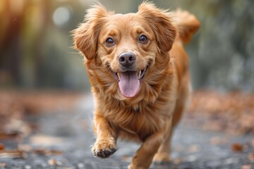 A golden retriever running joyfully outdoors, depicting freedom and happiness in motion