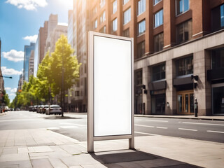 Vertical blank white billboard at a bus stop on a city street design. In the background buildings and road. Mock-up design. Poster on the street next to the roadway design. Sunny summer day design.