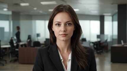 Professional poised woman stands desk well-lighted contemporary workplace 