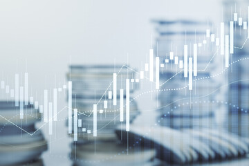 Multi exposure of virtual abstract financial diagram on growing coins stacks background, banking and accounting concept