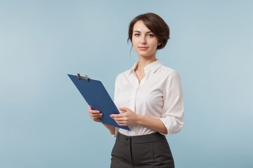 Obraz premium Professional Woman Clipboard Blue Backdrop 