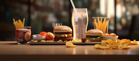 burger,fries and soda drinks on the table on a dark background
