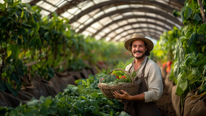 a farmer carries fruit in a basket