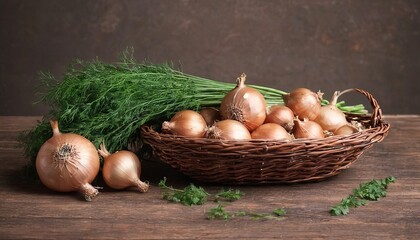 Bundle of freely lying dried onion with parsley herbs and dill in basket on a wooden table