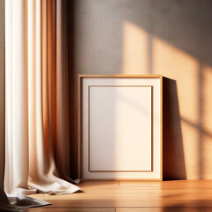 Frame mockup, mockup poster on floor. Interior mockup. Interior design. Japandi style 3D rendering