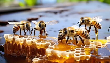 Three bees on honeycombs eat fresh honey collected in spring in fresh wax - obrazy, fototapety, plakaty