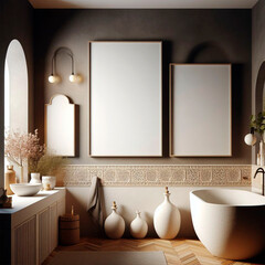 Frame mockup, mockup three poster on the wall of a mediterranean bathroom. Interior mockup. Modern interior design. Rustic style 3D rendering.
