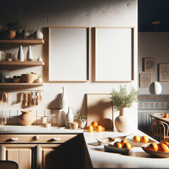 Frame mockup, mockup three poster on the wall of a mediterranean bathroom. Interior mockup. Modern interior design. Rustic style 3D rendering.