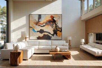 Sleek Sunlit Living Room with Abstract Art and Wood Finishes 