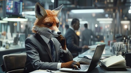 A fox in a sharp business suit thinking and typing on a laptop in a bustling office setting - obrazy, fototapety, plakaty