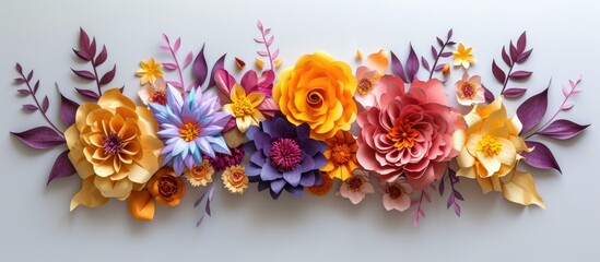 A variety of vibrant blossoming flowers are artistically arranged on a wall covered in paper, adding a pop of color and nature to the indoor space.