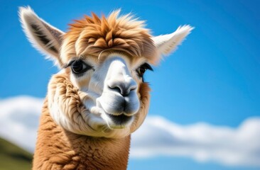 Obraz premium A portrait of funny Alpaca animal grazing on green field on blue sky