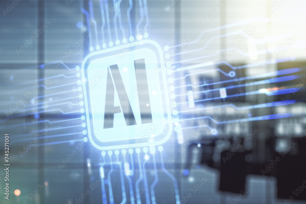 Aufkleber double exposure of creative artificial intelligence icon on a modern meeting room background. neural
