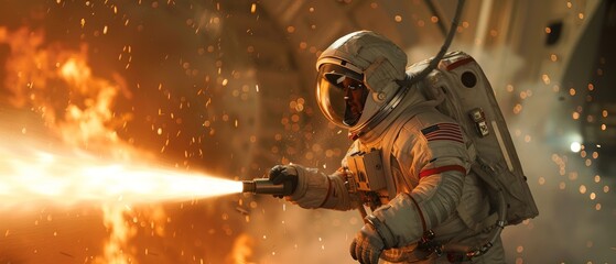 An astronaut using a water extinguisher on a small scale burning Earth in a space station