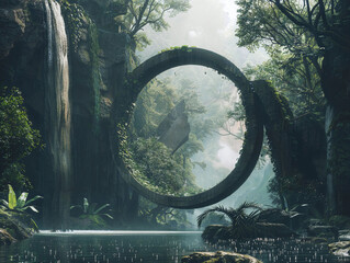 Ancient Mystical Portal Circle in Tropical Forest HD Print 9856x7424 pixels ar4:3. Neo Modern Art V4 11