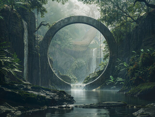 Ancient Mystical Portal Circle in Tropical Forest HD Print 9856x7424 pixels ar4:3. Neo Modern Art...