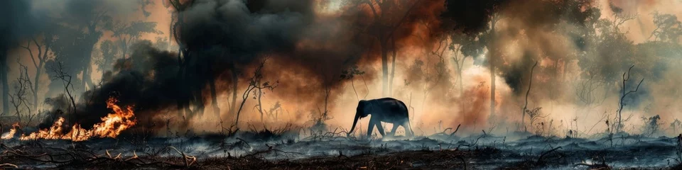 Foto op Plexiglas Desperate elephant or deer fleeing intense forest flames engulfed by smoke a stark survival scenario © Virtual Art Studio