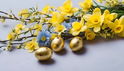 Bright yellow spring flowers and golden Easter eggs on yellow background