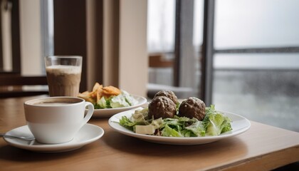 Breakfast, dinner, lunch in a restaurant, cafe. Baked potatoes with meatballs, caesar salad - obrazy, fototapety, plakaty