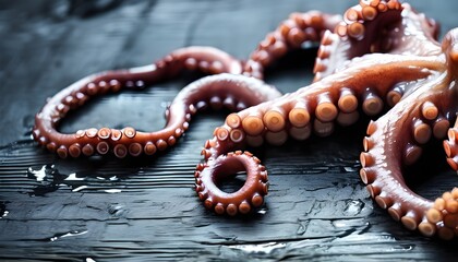 The octopus tentacles food. On black rustic background