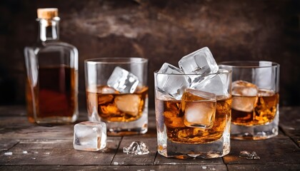 Whiskey with ice. On a rustic background