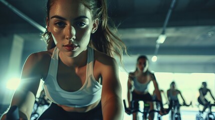 a diverse group of young adults engage in an energetic indoor cycling workout for fitness at the...