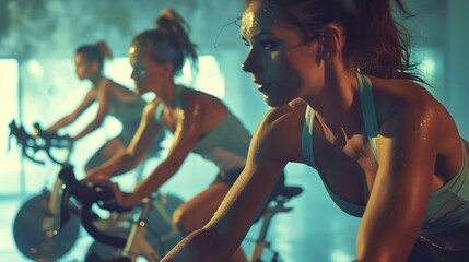 young people both women and men pedal their way to fitness with a group sport biking session in the...