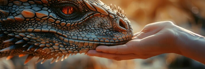 Tranquil scene of hand caressing dragons head