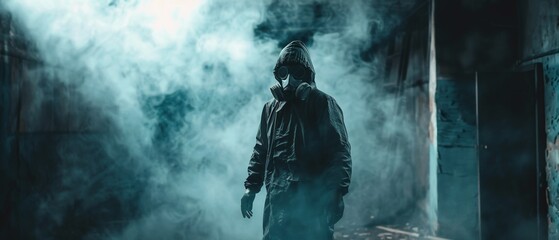 Toxicologist in a dark abandoned factory gas mask on with eerie toxic smoke enveloping the scene - obrazy, fototapety, plakaty