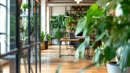 Trendy startup office with a lively mix of indoor plants and an innovative vertical garden