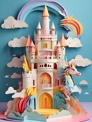 Enchanting Paper Craft Castle with Rainbow and Dragon - Fantasy, Kids, Art, Magical, Colorful, 3D Model