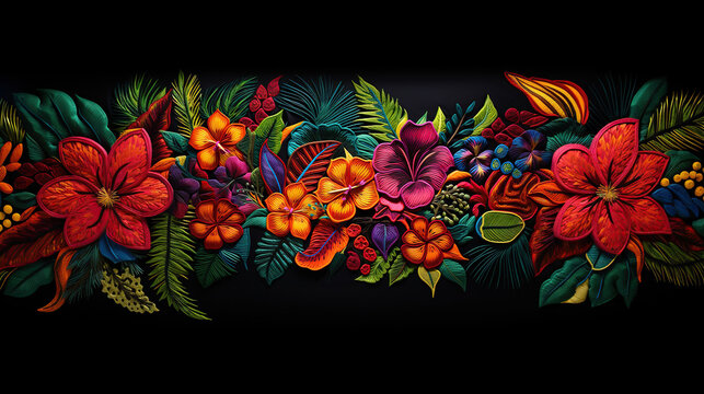 Vibrant Embroidered Tropical Flowers and Foliage on Black Background