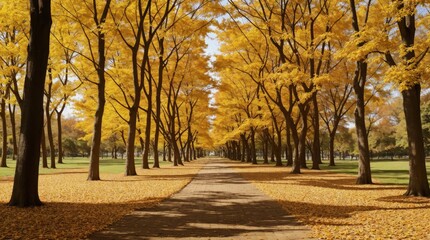 Tranquil park path lined with golden autumn leaves 