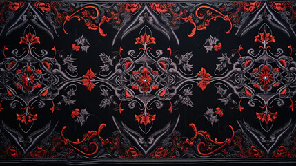 Intricate Black and Red Floral Carving or embroidery on Dark Background