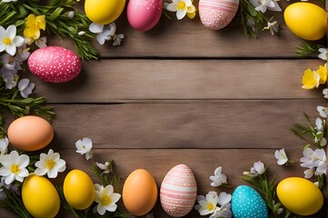 Colored easter eggs lying on a wooden tabletop, Easter holiday card concept, Easter party, frame with copy space