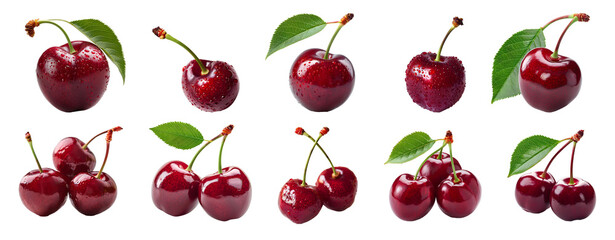 Cherry set PNG. Set of cherries PNG. Red cherry with stem PNG. Red cherries PNG. Wild red cherry isolated. Cherry with a steam and a leaf PNG