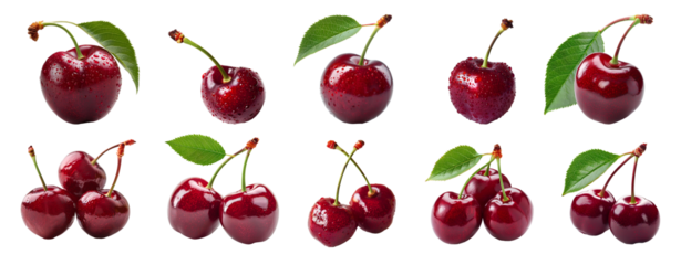 Cherry set PNG. Set of cherries PNG. Red cherry with stem PNG. Red cherries PNG. Wild red cherry isolated. Cherry with a steam and a leaf PNG